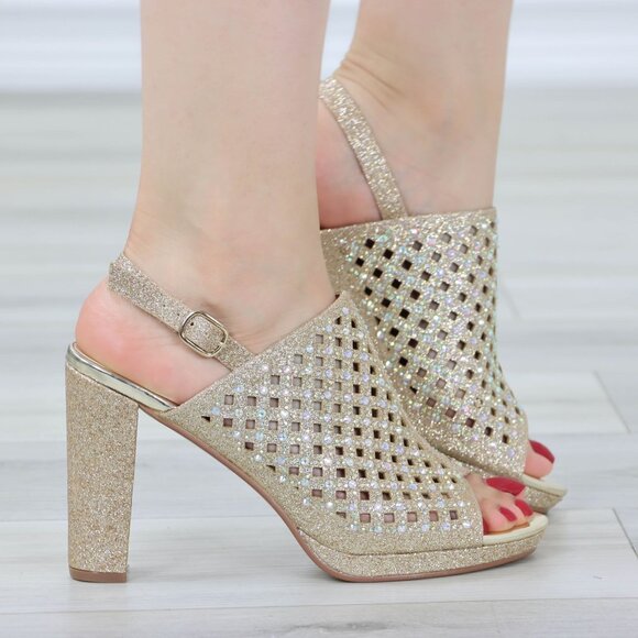 Sparkly Rhinestone Glitter Champagne Platform High Heels Open Toe Party Shoes - Picture 2 of 14